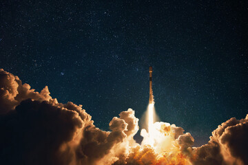 Fototapete - Space rocket successfully takes off into the starry night sky with blast and puffs of smoke. Successful launch and takeoff of a space mission. Space ship concept