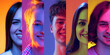 Cropped portraits of young people, men and women expressing different emotions over multicolored background in neon light. Collage made of 5 models looking at camera.