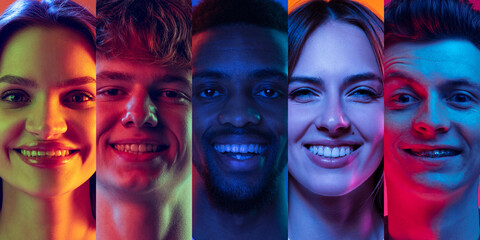 Wall Mural - Happiness. Closeup portraits of young emotional people, men and women expressing different emotions over multicolored background in neon light. Collage made of 5 models looking at camera.