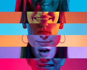 Wall Mural - Collage of close-up male and female mouths and chins isolated on colored neon backgorund. Multicolored stripes. Emotions, facial expressions, dental health