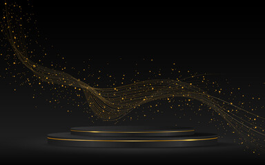 black podium with elegant gold lines on the back for product presentation. Cosmetic product display. vector illustration
