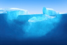 Iceberg Underwater In Blue Ocean. Melting Antarctic Glacier In Danger Of Global Warming Or Climate Change Under Water Background. Generative AI