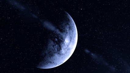 Wall Mural - rotating cold planet in space. motion. 3d planet rotates on background of space and flow of particle