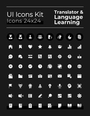 Language learning white glyph ui icons set for dark mode. Silhouette symbols on black background. Solid pictograms for web, mobile. Vector isolated illustrations. Montserrat Bold, Light fonts used