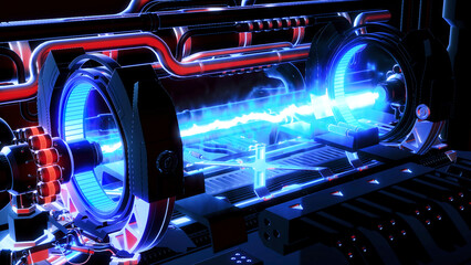 Wall Mural - 3d futuristic a detail of electromagnetic machine with gravitational fields energy particles. motion