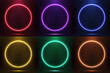 Set of glowing neon color circles round shape with lighting effect isolated on black background technology concept