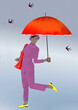 © Patricia - Dame onder paraplu in de regen met vogels, Lady under umbrella in the rain with birds