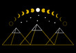 Three yellow egypt ancient pyramid of giza are egyptian pharaoh tomb traingle outline with curve moon different phases or lunar phase and white stars on black background vector design icon.