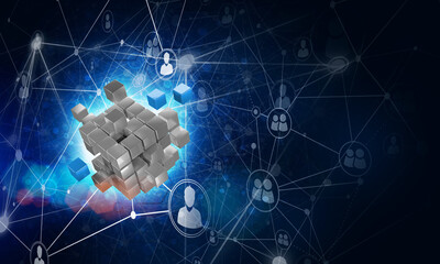 Wall Mural - concept of internet and networking with digital cube figure on dark background