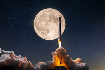 Wall Mural - Space rocket with a blast and puffs of smoke lift off successfully into space with stars and a full moon. Successful spacecraft launch. Start of the mission to the moon