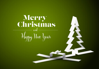 Wall Mural - merry christmas card with a white tree and gift box made from paper stripes