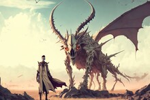 Lich And Skeleton Dragon In Desert. Fantasy Scenery. Concept Art. Fiction.