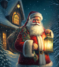 Santa Claus With Gifts And A Lantern In Front Of The House. Christmas And New Year.