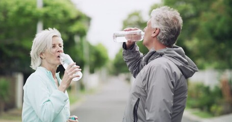 Sticker - Fitness, cheers and senior couple drinking water for healthcare, wellness or hydration after running, workout or exercise. Training, neighborhood and thirsty elderly people toast to retirement health