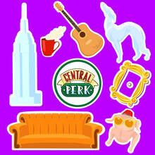 Stickers For The Series Friends, Sitcom. New York, Guitar, Cafe Central Perk, Orange Sofa, Yellow Frame, Turkey In Glasses On Purple, Dog Statue. 