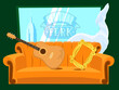 Central Perk cafe interior, series Friends, sitcom. Signboard, Phoebe's guitar and yellow frame on sofa, dog statue. Green background, thanksgiving day. Vector stock illustration.