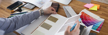 Interior Designer Create Color Mix For New House Project, Palette On Workplace In Agency