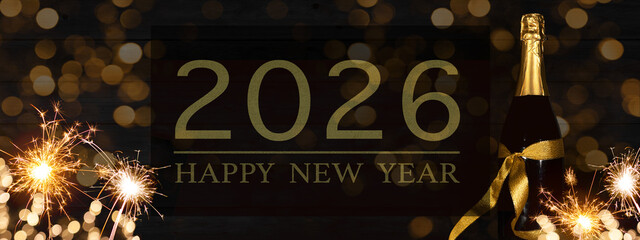 Aufkleber - HAPPY NEW YEAR 2026 celebration background banner panorama long- Sparklers and champagne or sparkling wine bottle on rustic black wooden wall texture.