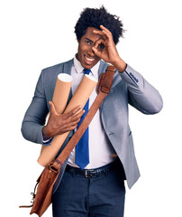 Poster - Handsome african american man with afro hair holding paper blueprints smiling happy doing ok sign with hand on eye looking through fingers