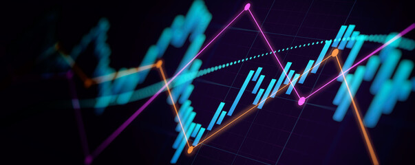Wall Mural - financial graph with up trend line candlestick chart in stock market on neon color widescreen backgr