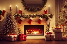 Christmas Gifts And Stockings By The Fireplace. Cozy Xmas Evening Near Christmas Tree And Burning Fire. Generative AI.