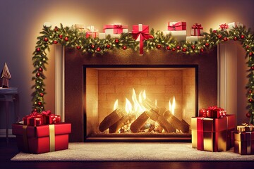 Christmas Gifts and Stockings by the fireplace. Cozy xmas evening near Christmas tree and burning fire. Generative AI.