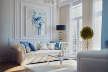 Midjourney Generated Illustration Of A Not Real Existing White Modern Living Room Interior