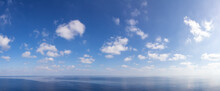 Cloudy Blue Colorful Sky Over Mediterranean Sea. Cloudscape Nature Background. Panorama