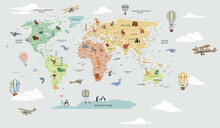 Children's Map Of The World With Sights Detailed Grey