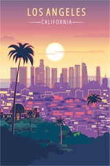 los angeles city skyline sunset vector illustration, california united states.