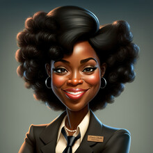 Cartoon Caricature Portrait Of A Smiling Black Businesswoman.