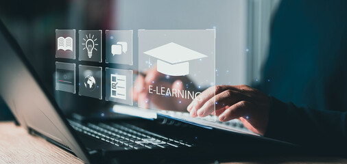 Fototapete - Concept of Online education. man use Online education training and e-learning webinar on internet for personal development and professional qualifications. Digital courses to develop new skills.