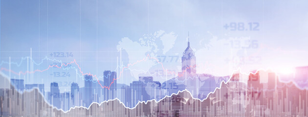 Wall Mural - Double explosure with businesss charts and financial district of megapolis