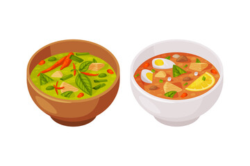 Wall Mural - Traditional Thai Food with Creamy Soup in Bowl with Salmon and Egg Vector Set