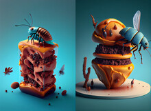 Food Of The Future. Food Made From Insects. High Cuisine. Restaurant Food, Food From Insects. Surrealism. Colorful Flowers. Edible Insects, Our Future, Restaurant , 3d Render Of A Ladybug With A Smile