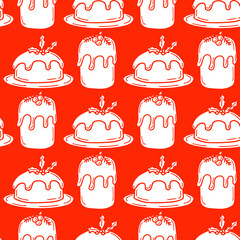 Wall Mural - Seamless pattern with traditional Christmas cake in doodle style on a red