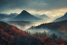 Aerial View Of Misty Clouds Over Autumn Forest And Mountains