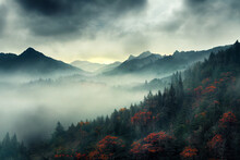 Aerial View Of Misty Clouds Over Autumn Forest And Mountains