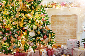 Wall Mural - boxes with gifts on the Christmas tree with classic decorations.