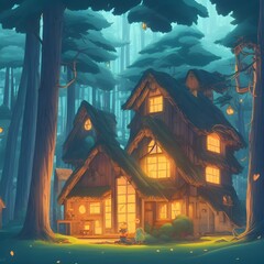 Wall Mural - Yellow lighted cozy hut in cartoon forest