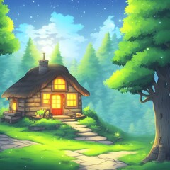 Wall Mural - Yellow lighted cozy hut in cartoon forest