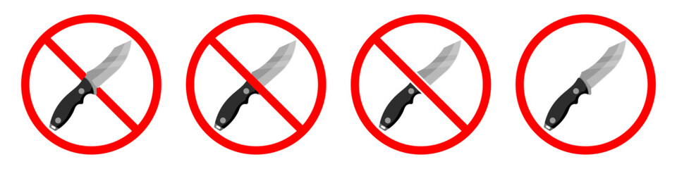 Knife ban sign. No Knife sign. Prohibition signs set. Dangerous weapon. Vector illustration.