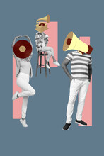 Creative 3d Collage Artwork Postcard Poster Of Three Person Instruments Instead Head Relax Rest Enjoy Party Isolated On Drawing Background