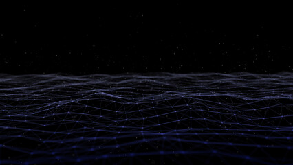 Poster - abstract digital landscape with flowing particles. cyber or technology background