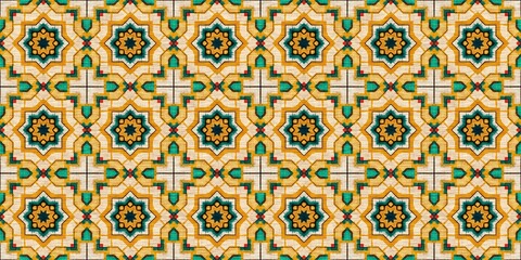 Wall Mural - Traditional tile mosaic seamless border pattern print. Fabric effect mexican patchwork damask edging trim. Square shape symmetrical background textile ribbon . Creative colourful graphic design banner