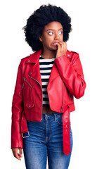 Sticker - Young african american woman wearing red leather jacket looking stressed and nervous with hands on mouth biting nails. anxiety problem.