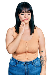 Poster - Young hispanic plus size woman wearing casual clothes touching mouth with hand with painful expression because of toothache or dental illness on teeth. dentist