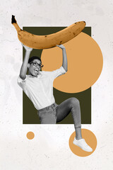 Poster - Vertical banner collage of lady hold banana black and white effect isolated on drawing color background