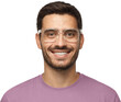 © Damir Khabirov - Close-up shot of smiling attractive man in purple t-shirt and trendy trasparent glasses