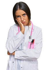 Canvas Print - Beautiful hispanic woman wearing doctor uniform and stethoscope thinking looking tired and bored with depression problems with crossed arms.